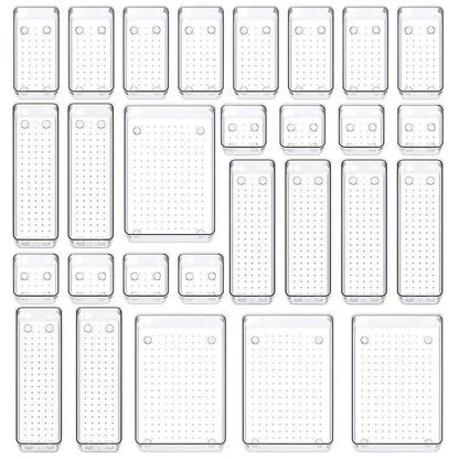 28PCS Clear Drawer Organizer Set - Multi-Size Storage Trays for Bathroom Vanity Kitchen & Bedroom