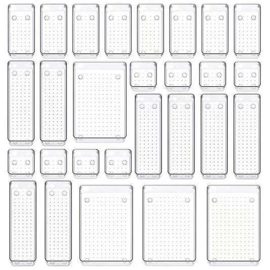 28PCS Clear Drawer Organizer Set - Multi-Size Storage Trays for Bathroom Vanity Kitchen & Bedroom