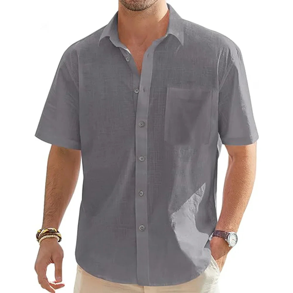 Men’s Cotton Linen Short Sleeve Shirt - Lightweight Casual Beach Vacation Button Top with Pocket