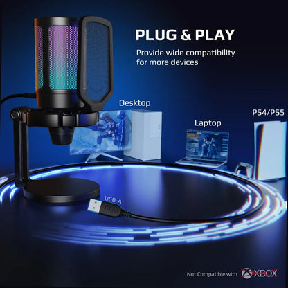 AmpliGame by FIFINE USB Gaming Microphone — RGB Condenser Mic with Gain Knob, Touch Mute for Streaming, Podcast, PC, Switch & PS5 A6NEO