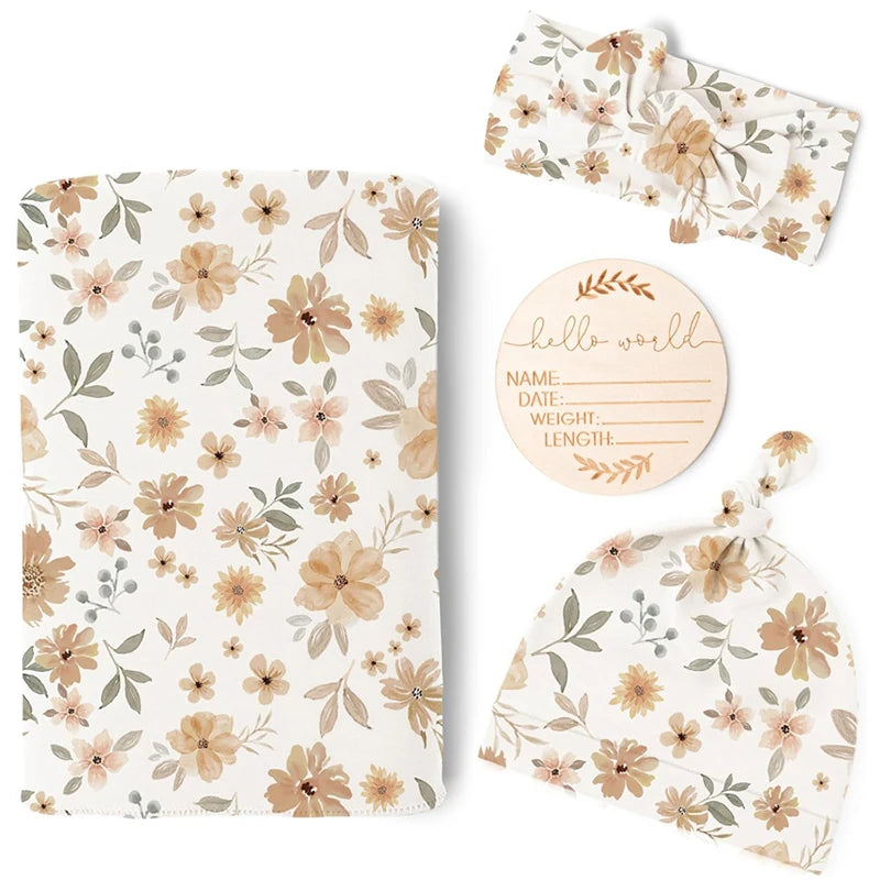 Newborn Baby Swaddle Blanket Set - Receiving Blanket with Matching Headband & Beanie (4-Piece Set)