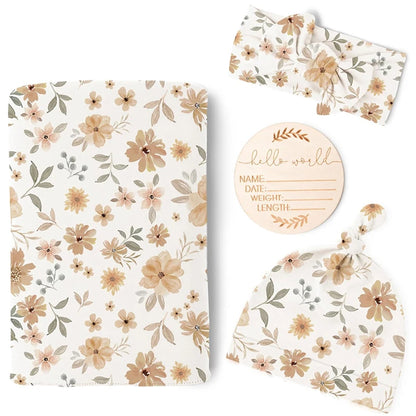 Newborn Baby Swaddle Blanket Set - Receiving Blanket with Matching Headband & Beanie (4-Piece Set)