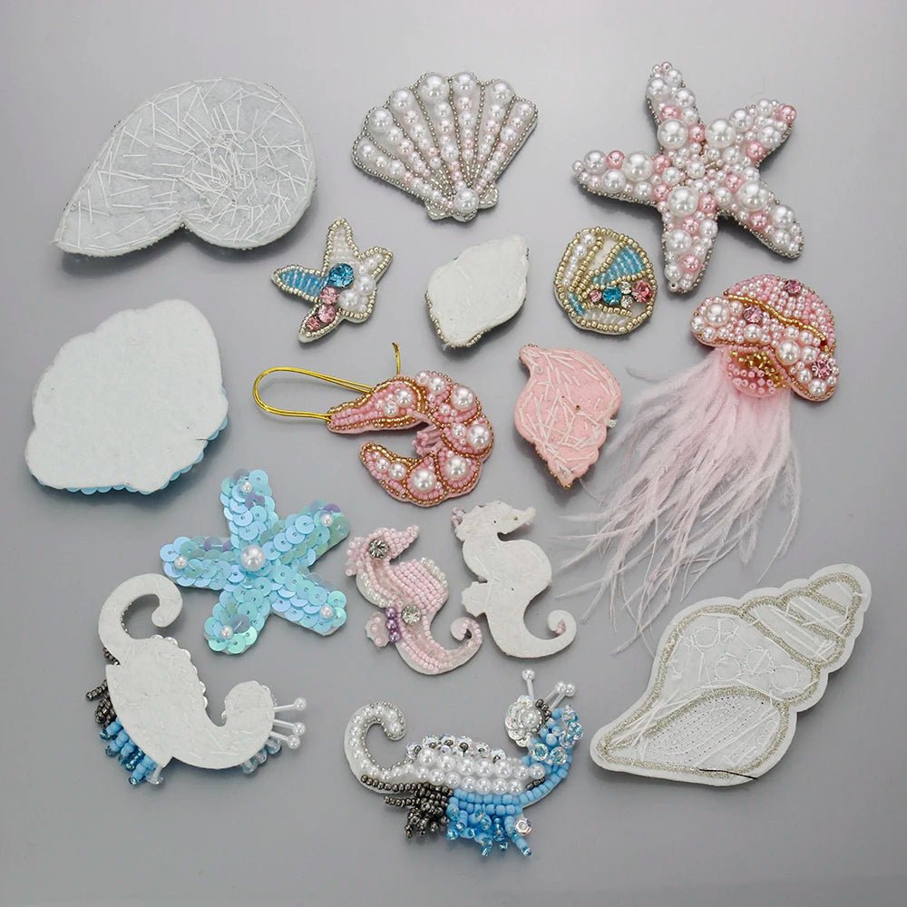 Marine Series Rhinestone Patches - Handmade Shell Starfish Seahorse Leaf Beaded Sewing Appliques for DIY Clothing