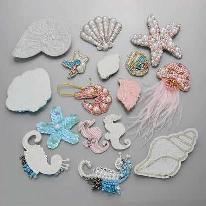 Marine Series Rhinestone Patches - Handmade Shell Starfish Seahorse Leaf Beaded Sewing Appliques for DIY Clothing