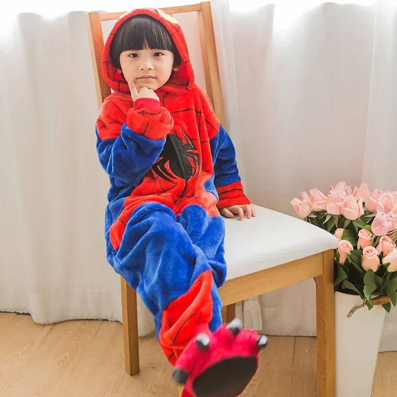Children's Spider Red Pajamas Set – Flannel Hooded Cosplay Kigurumi Sleepwear for Boys & Girls