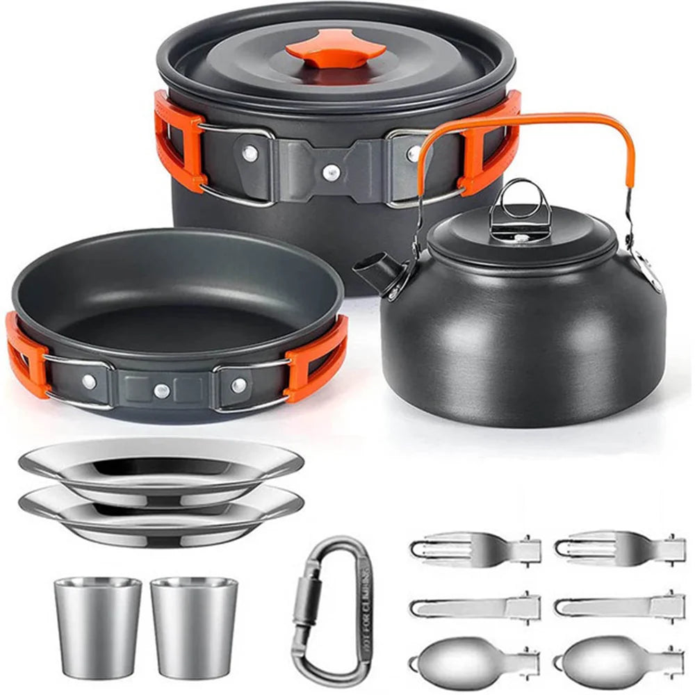 Camping Cookware Set — Non-Stick Cooking Pots, Teapot & Travel Tableware for 2-3 People, Outdoor Picnic Set