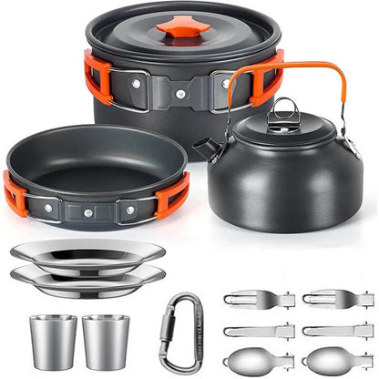 Camping Cookware Set — Non-Stick Cooking Pots, Teapot & Travel Tableware for 2-3 People, Outdoor Picnic Set