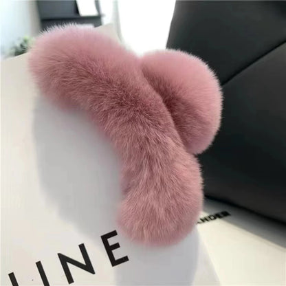 Winter Fuzzy Hair Claw for Women – Warm Fluffy Natural Rex Rabbit Fur Hair Clip, Elegant Fashion Party Accessory