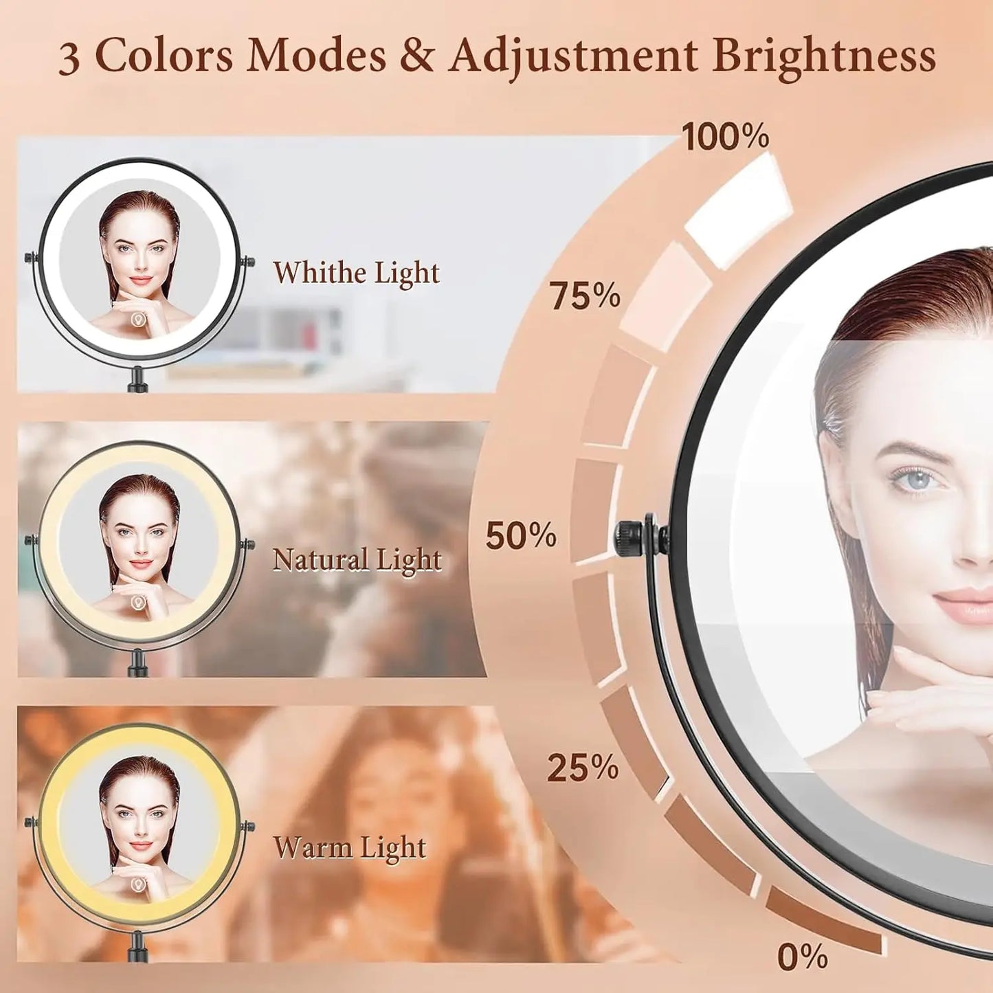 8-Inch Makeup Mirror with Light – 10X Magnification, 3 Color LED, Adjustable Brightness & Height Standing Cosmetic Mirror