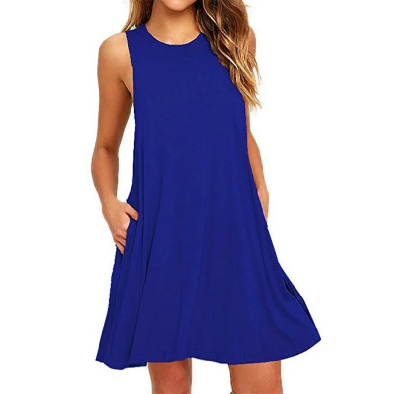 Women's Summer Casual T-Shirt Dress - Sleeveless Pleated Beach Cover-Up with Pockets