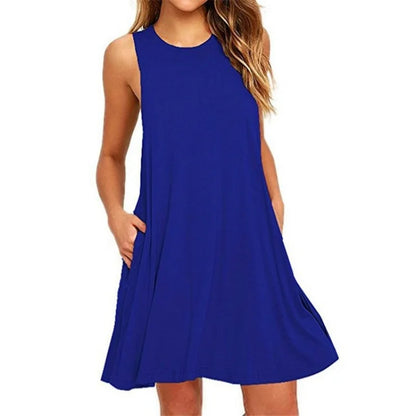 Women's Summer Casual T-Shirt Dress - Sleeveless Pleated Beach Cover-Up with Pockets