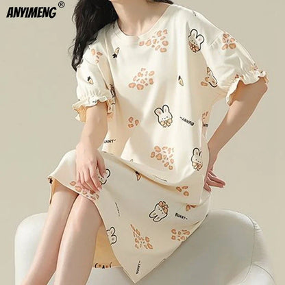100% Cotton Women's Nightgown - Plus Size M-4XL Short Sleeve Summer Sleepshirt