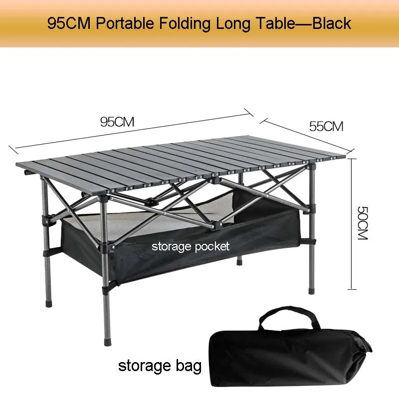 Outdoor Folding Long Table – Portable Black Camping Desk with Net Bag, Easy Setup & Stable for BBQs