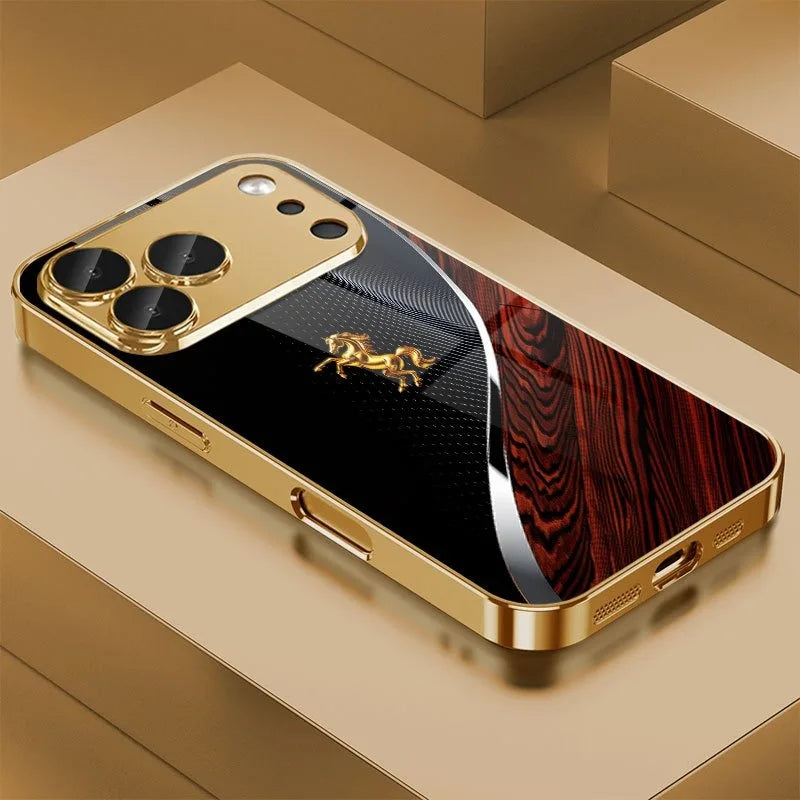 Golden Horse Pattern Metallic Phone Case - Gold Glass Protective Cover for iPhone 11-18 Pro Max, Plus, Air & 16E