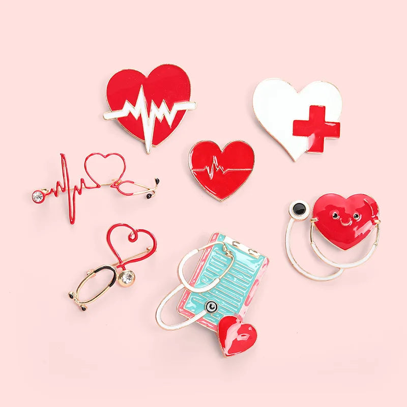 European & American Creative Badge Jewelry — Personalized Cartoon Hearing Device Pin, Love Red Cross Baked Paint Alloy Accessory
