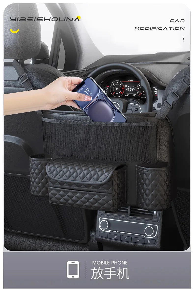 Car Seat Middle Hanger Storage Bag – Luxury Auto Handbag Holder, Tissue Pockets, and Seat Organization Bag