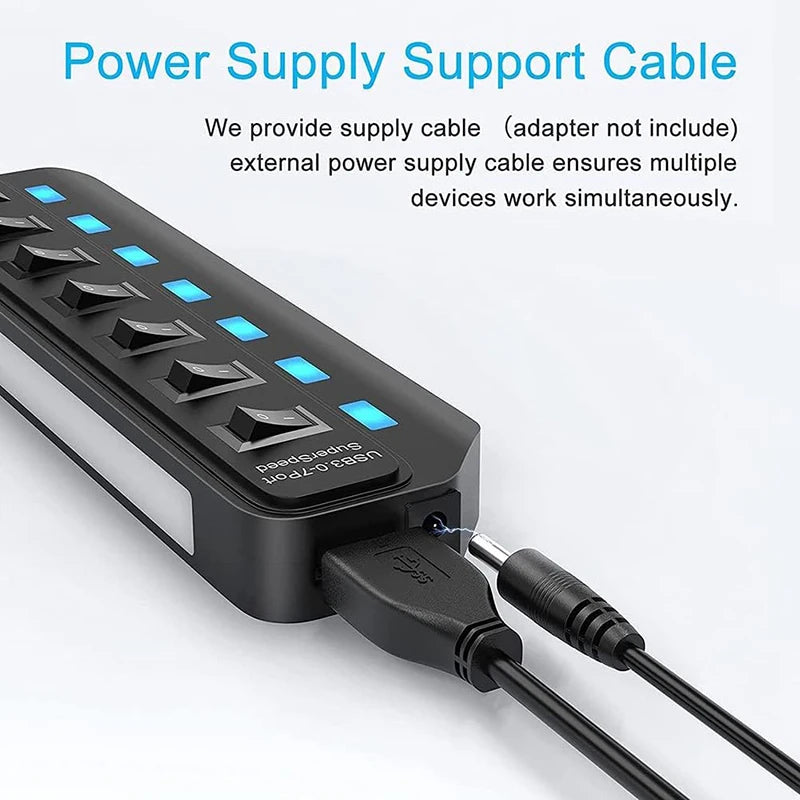 7-Port USB 3.0 Hub - High Speed 5Gbps Splitter with Power Switch & Long Cable for Multiple Device Expansion