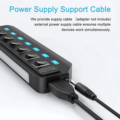 7-Port USB 3.0 Hub - High Speed 5Gbps Splitter with Power Switch & Long Cable for Multiple Device Expansion