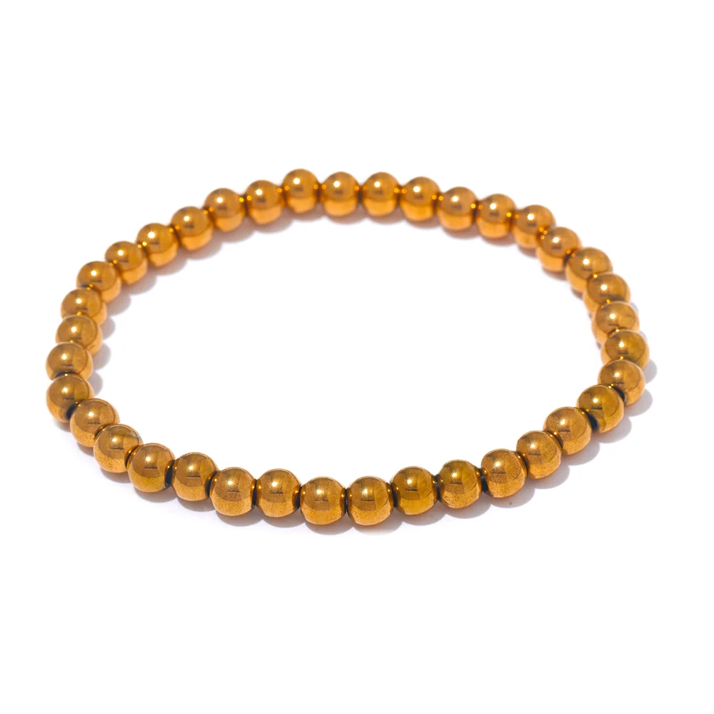 Yhpup Stainless Steel Beaded Elastic Bracelet – Waterproof Gold Tone Handmade Bangle, 3–6mm Unisex Daily Jewelry Wholesale Wristwear
