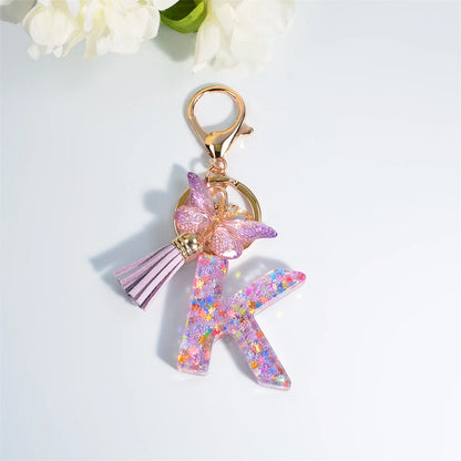 A-Z Sequin Initial Keychain - Dreamy Butterfly Tassel Pendant Bag & Purse Charm for Women