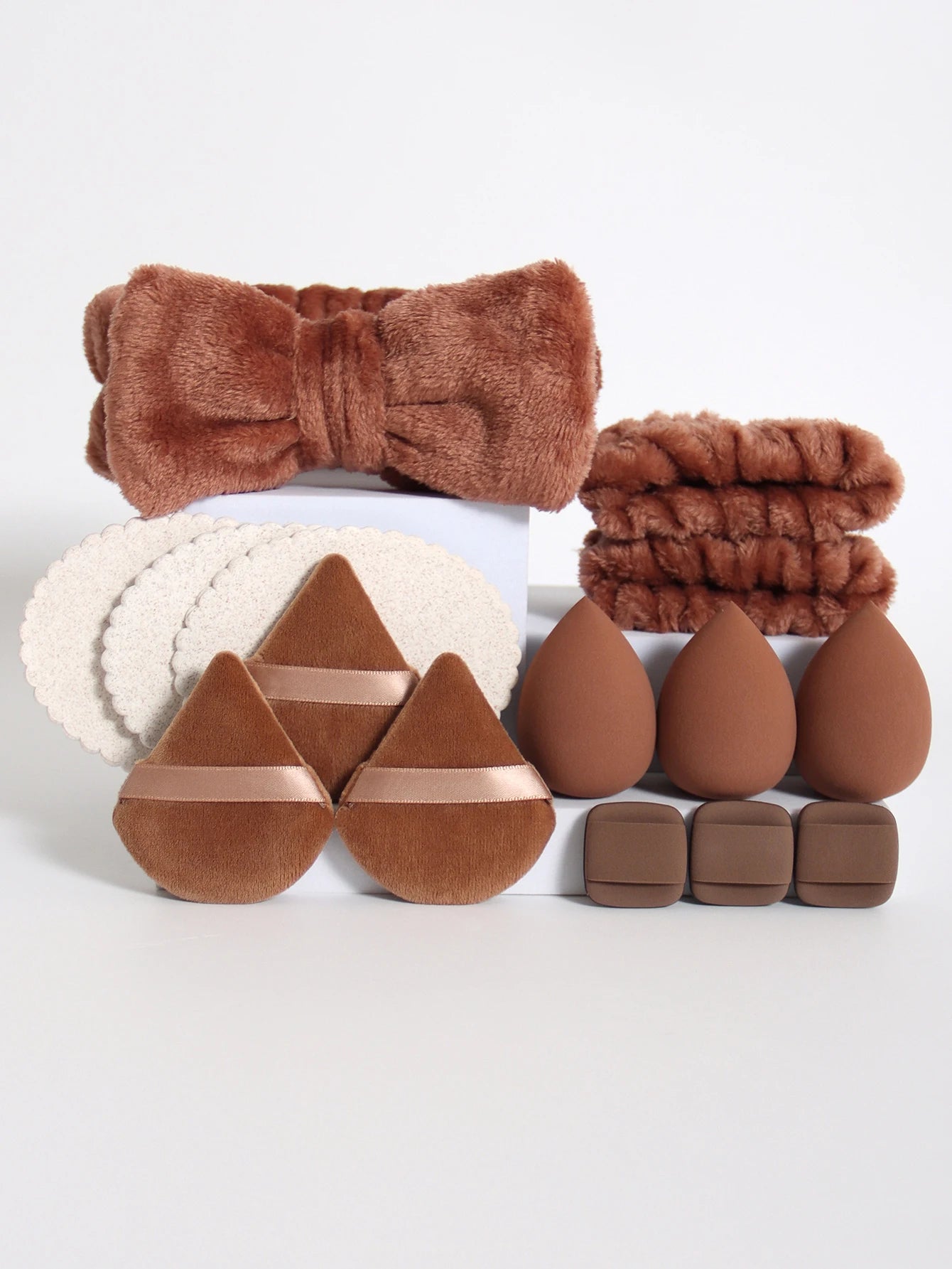 15Pcs Multi-Colored Fluffy Headband & Makeup Sponge Set - Sweet Style Beauty Essentials