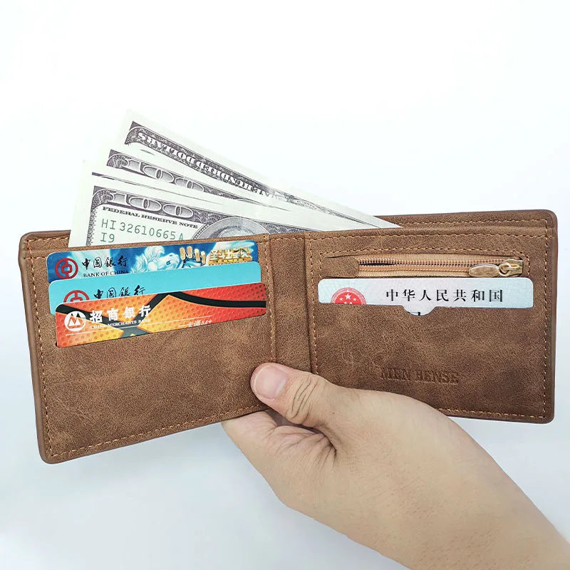 Retro Men’s Leather Wallet – Slim Money Purse with Coin Bag & Zipper, Stylish Dollar Design