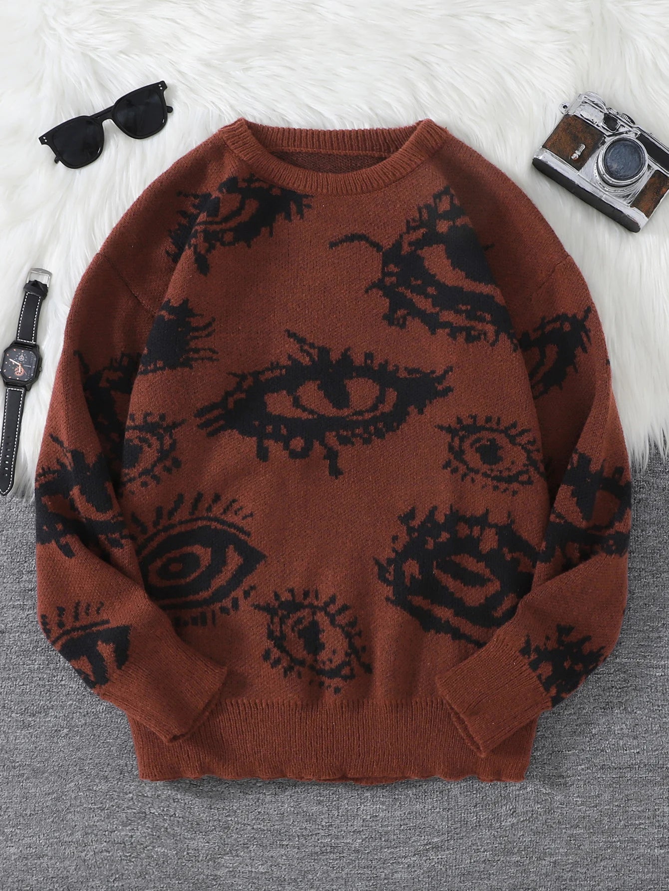 Men's Abstract Eye Jacquard Sweater - Round Neck Knitted Autumn Winter Casual Pullover Top