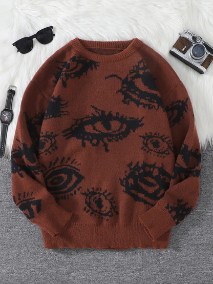 Men's Abstract Eye Jacquard Sweater - Round Neck Knitted Autumn Winter Casual Pullover Top