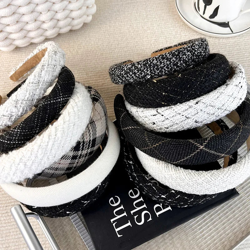 Autumn/Winter Black & White Plaid Headband – Sponge Wide Hair Band, Elegant Hair Hoop for Women & Girls, Fashion Hair Accessories