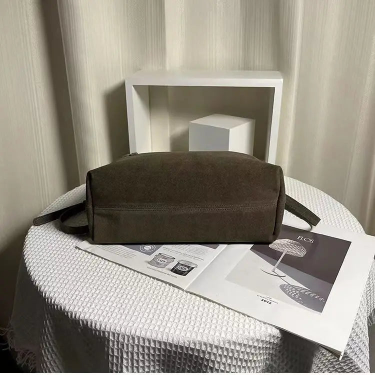 Simple Autumn Winter Grey & Brown Boston Tote — Soft Matte Suede Cow Leather Women's Shoulder Handbag