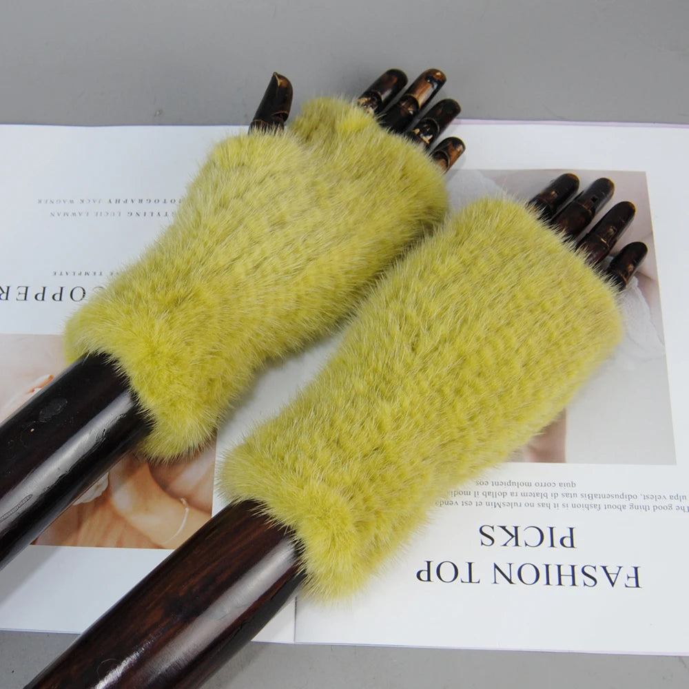Women’s Winter Mink Fur Gloves – 100% Natural Fingerless Knitted Mittens for Warmth