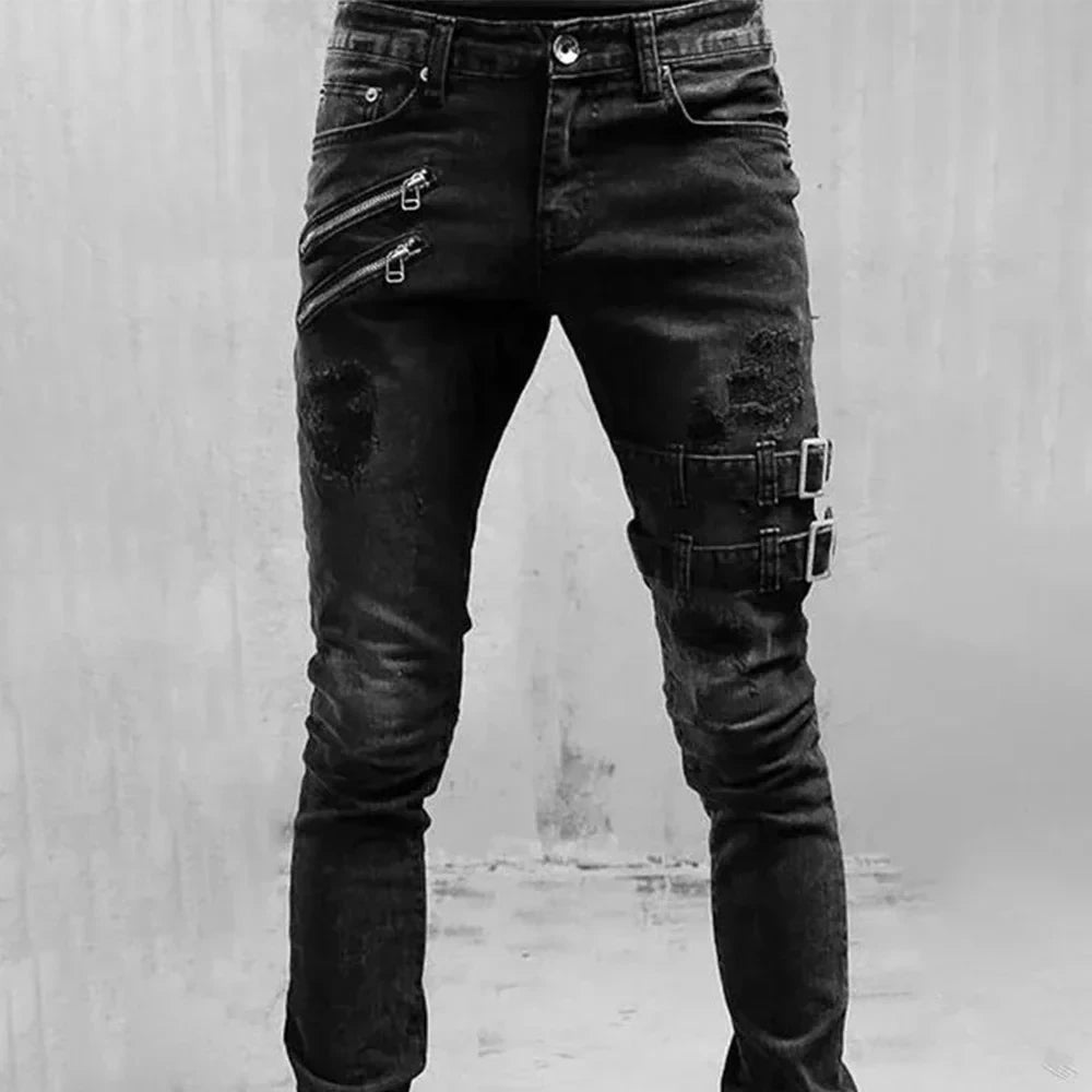 2024 Plus Size Men’s Straight Jeans – Casual Skinny Streetwear Denim Pants with Zippers in 3 Colors