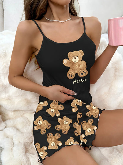 Women’s Black Bear Pajama Set - Cute Sling Crop Top & Shorts Summer Loungewear Sleepwear