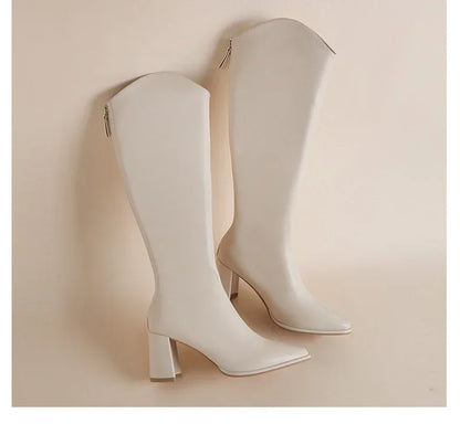 Plus Size 34-43 Women's Knee-High Boots – Zipper Thick High Heels for Autumn & Winter