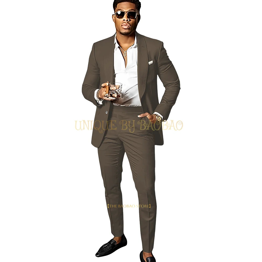 Men's Brown 2 Piece Suit - Shawl Collar Single Breasted Tuxedo Blazer & Pants Set For Wedding, Business & Formal Events