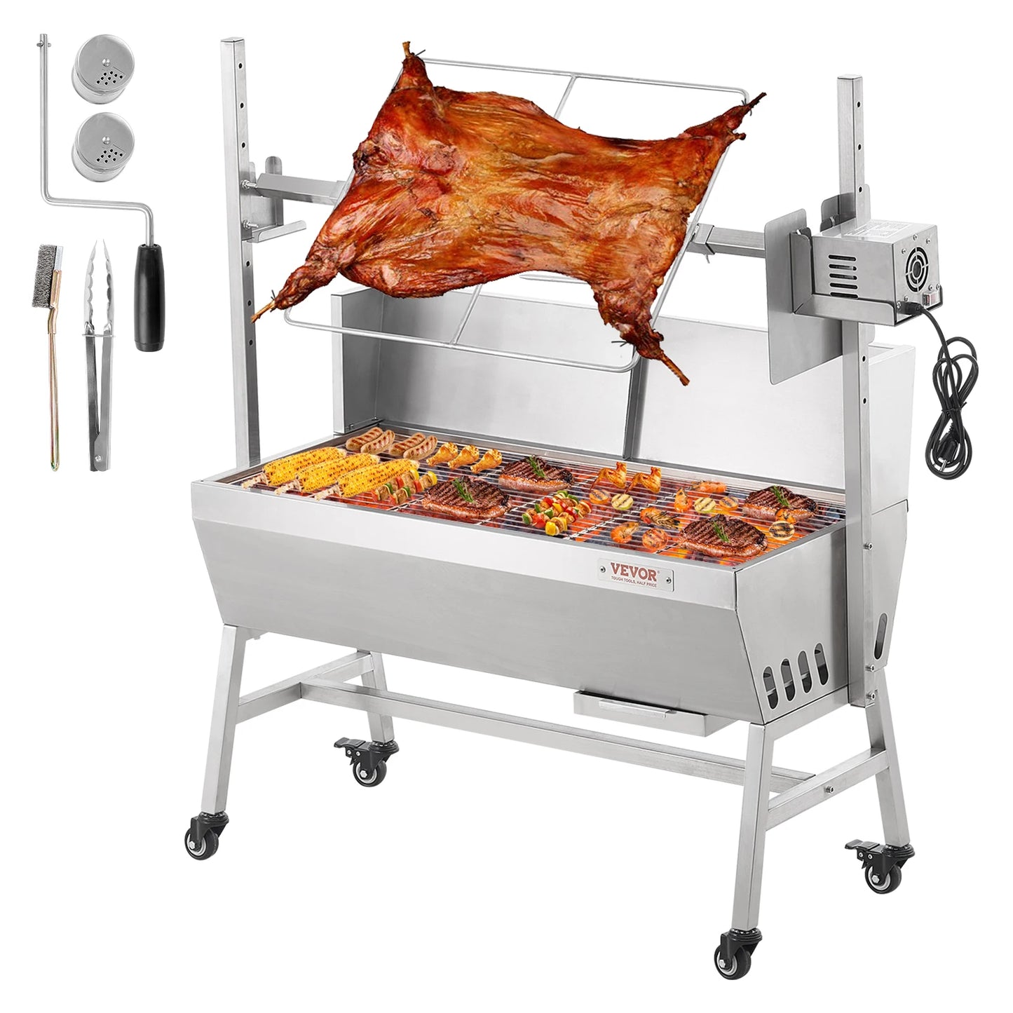 SucceBuy 35-Inch Rotisserie Grill – Electric Motor Charcoal Spit Stainless Steel Roaster with Lockable Wheels for Camping