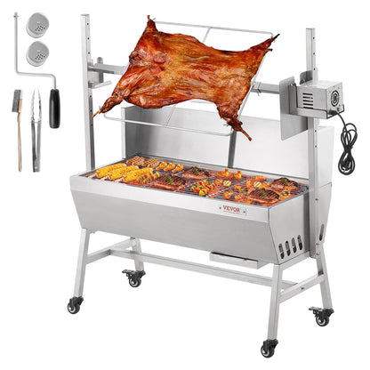 SucceBuy 35-Inch Rotisserie Grill – Electric Motor Charcoal Spit Stainless Steel Roaster with Lockable Wheels for Camping