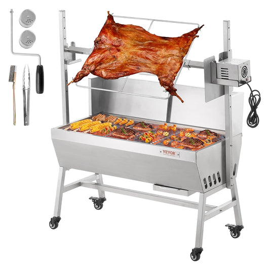 SucceBuy 35-Inch Rotisserie Grill – Electric Motor Charcoal Spit Stainless Steel Roaster with Lockable Wheels for Camping