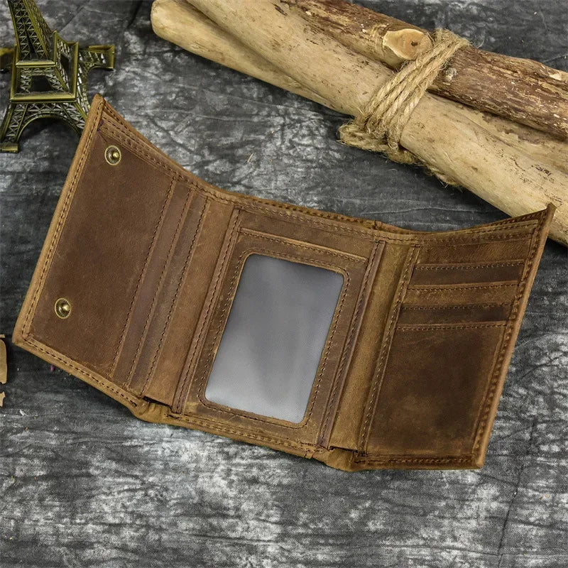 Men’s Genuine Leather Short Wallet with Chain – Trifold Zipper Clutch, Card Holder & Coin Purse