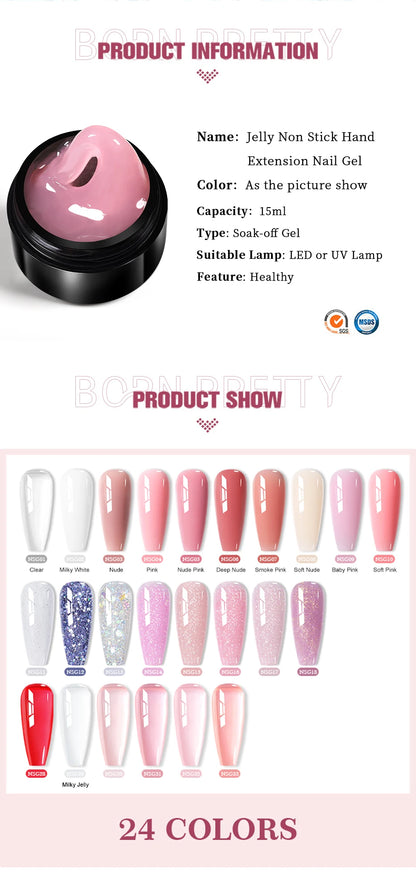 BORN PRETTY 15ml Clear Non-Stick Hand Extension Gel - 3D Shaping Nail Art, Milky Jelly Hard Gel for Fake Nails