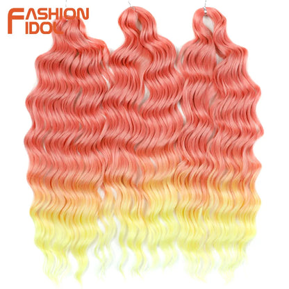 FASHION IDOL 24" Deep Wave Crochet Hair - 3-Piece Synthetic Water Wave Braiding Extensions, Ombre Rainbow Twist Hair