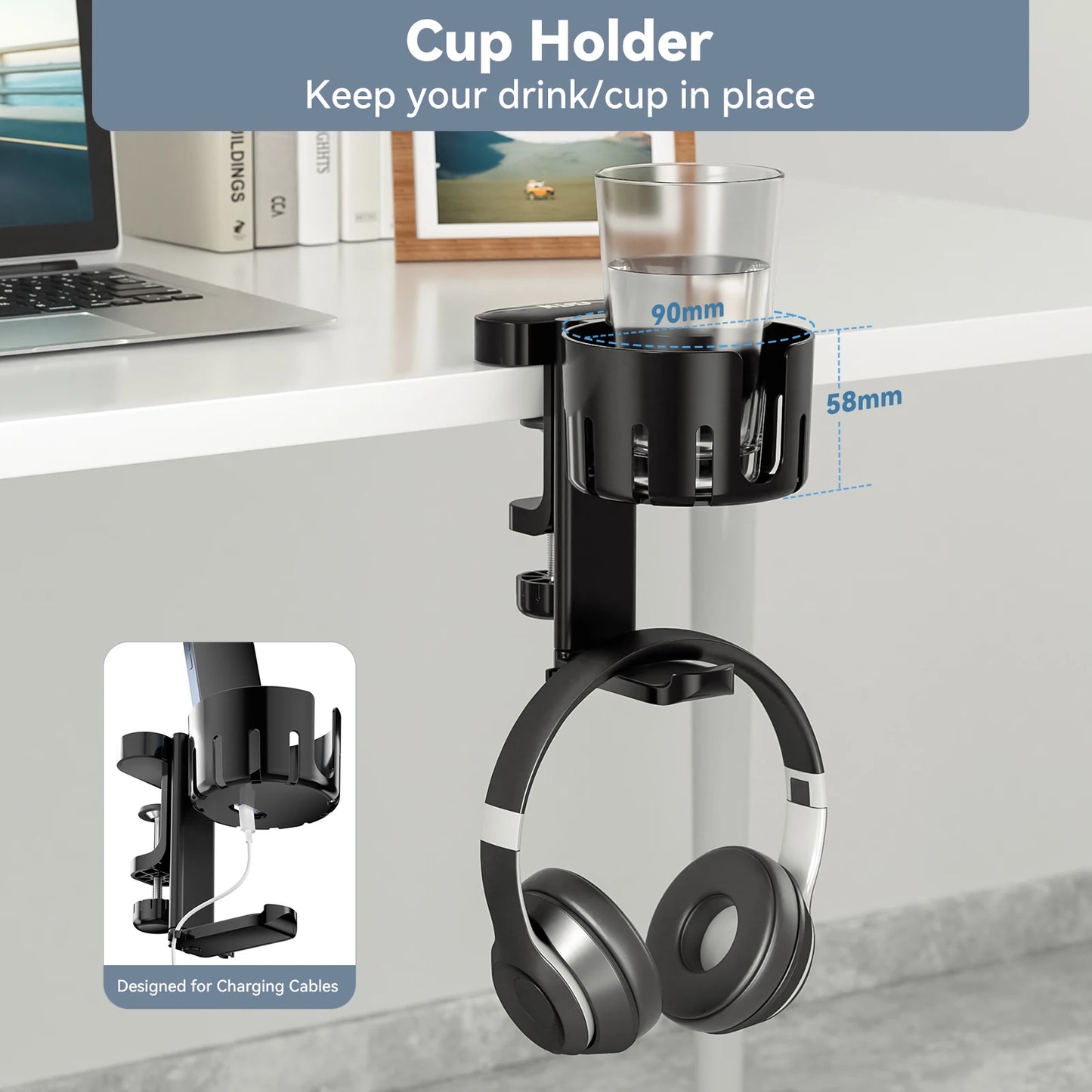 3-in-1 Rotatable Headphone Holder - Under Desk Clamp with Replaceable Cup Holder, Universal Controller and Headset Stand