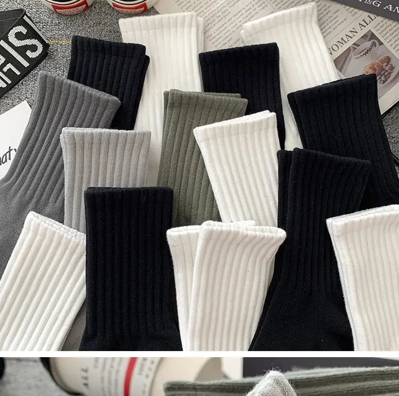5 Pairs Cool Men's Socks Set – Black & White, Warm Autumn/Winter Sport Short Socks, Solid Color for Men