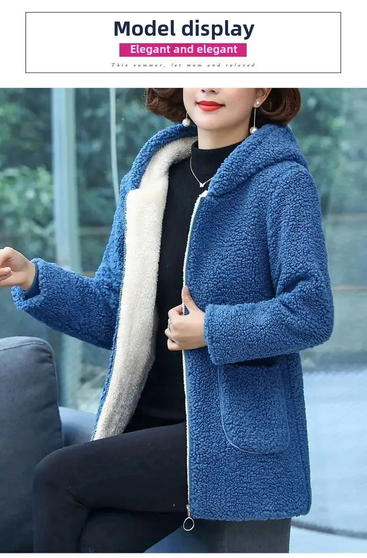 Women’s Thickened Hooded Cotton Jacket – Fleece-Lined Winter Coat, Warm Mommy-Style Outerwear by AE Stock