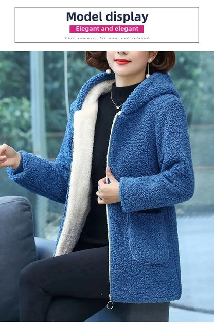 Women’s Thickened Hooded Cotton Jacket – Fleece-Lined Winter Coat, Warm Mommy-Style Outerwear by AE Stock