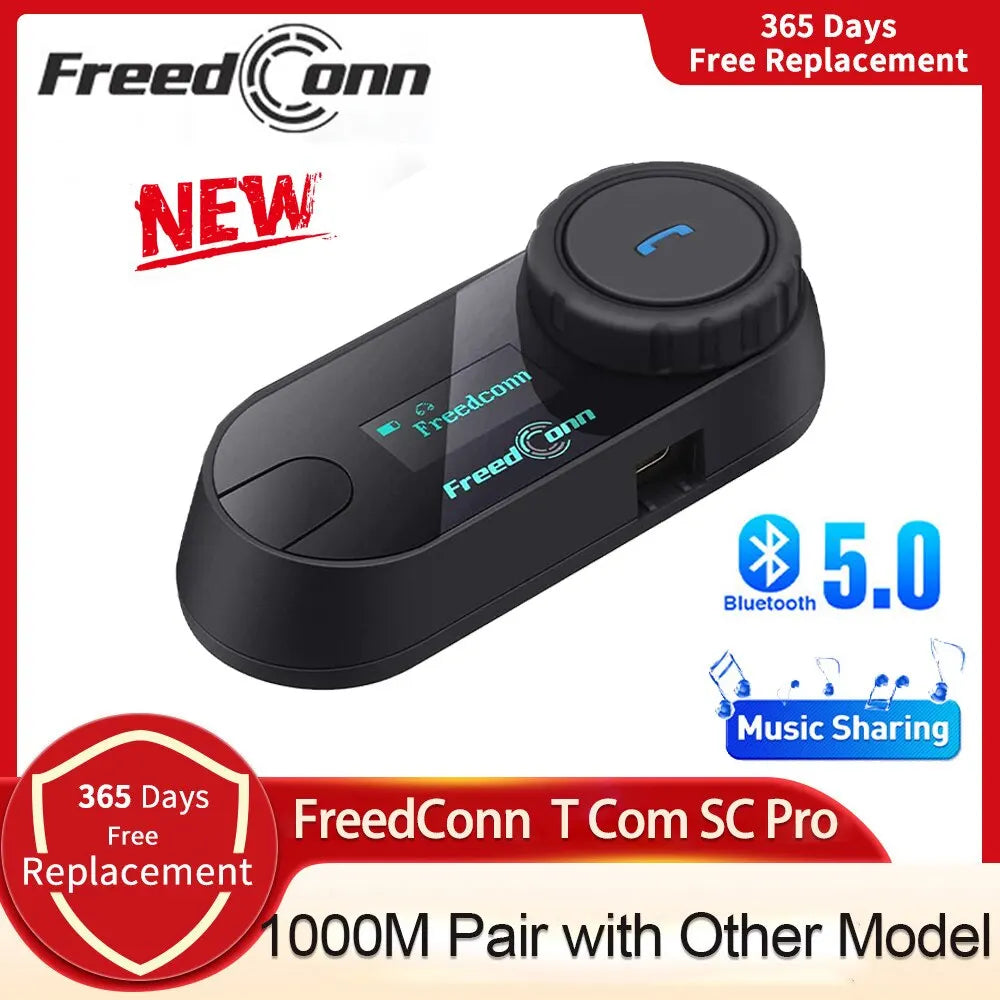 Freedconn T Com SC Bluetooth Motorcycle Intercom – Helmet Headset, Wireless Communication, BT 5.0, Music Share, 6 Riders, FM