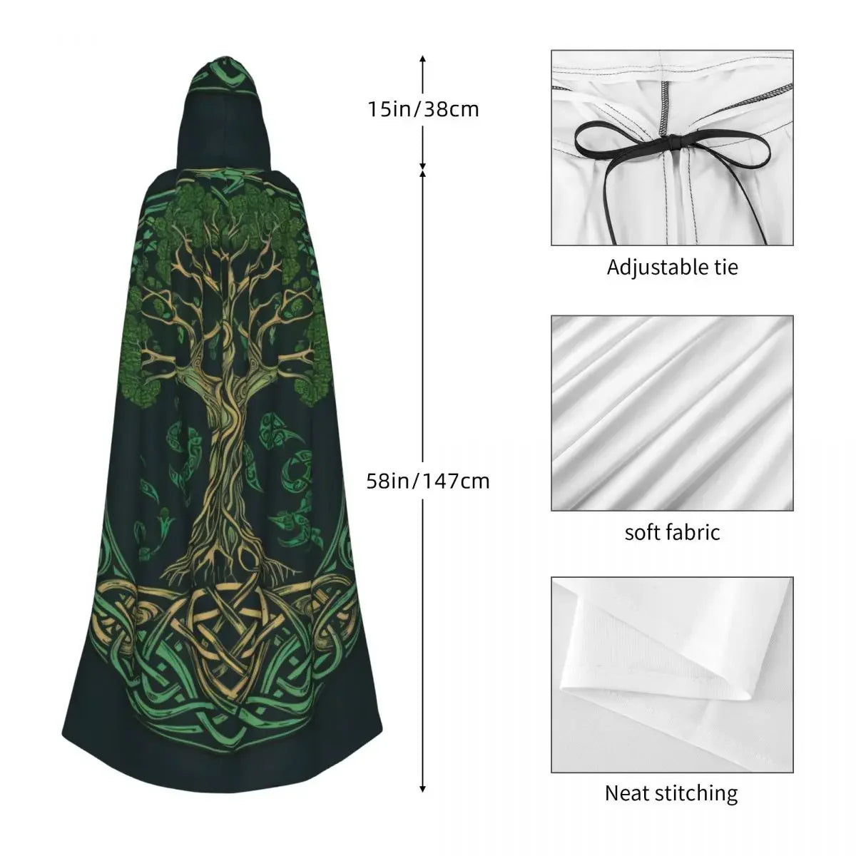 Tree of Life Celtic Cloak – Hooded Medieval Costume for Adults, Witch, Wicca, Vampire & Elf Purim Carnival Party