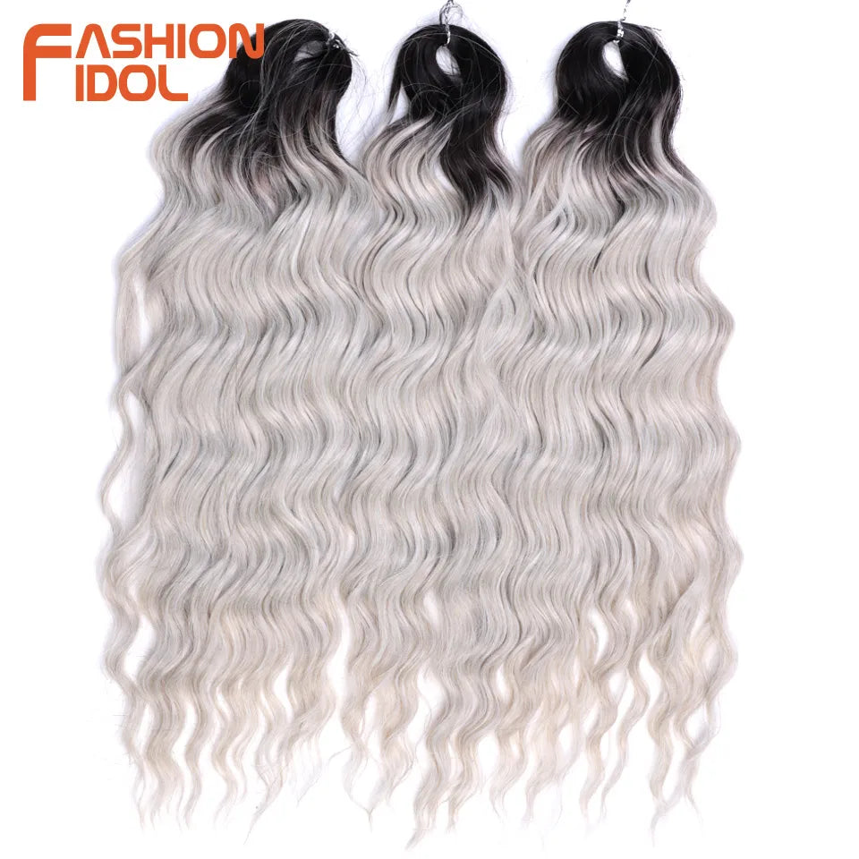 FASHION IDOL 24" Deep Wave Crochet Hair - 3-Piece Synthetic Water Wave Braiding Extensions, Ombre Rainbow Twist Hair