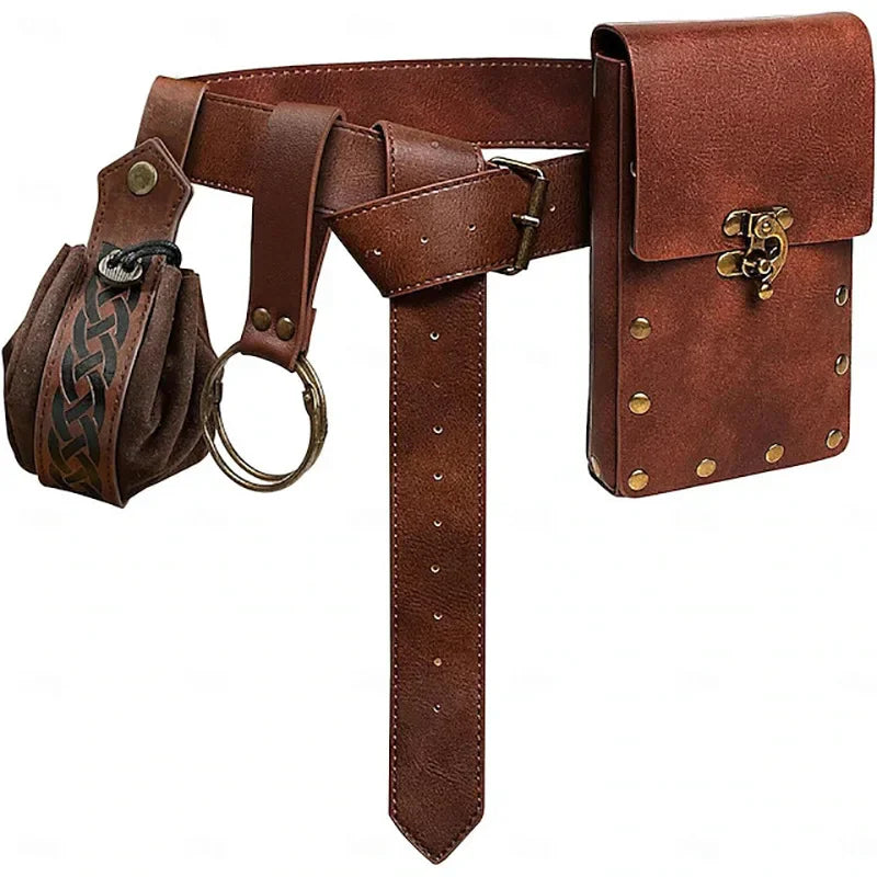 4PCS Medieval Cosplay Leather Belt Set – Copper Coin Waist Bag, Renaissance & Steam Role Playing Halloween Costume Accessories