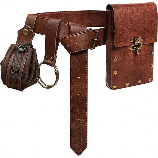 Medieval Cosplay Leather Belt Set – Copper Coin Waist Bag for Renaissance Dress, Steampunk Role-Playing & Halloween Costume